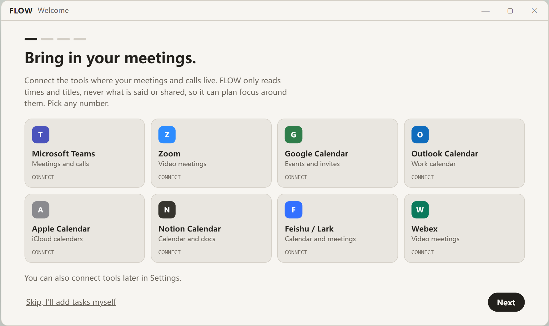 FLOW prototype: choose calendars and work tools during setup