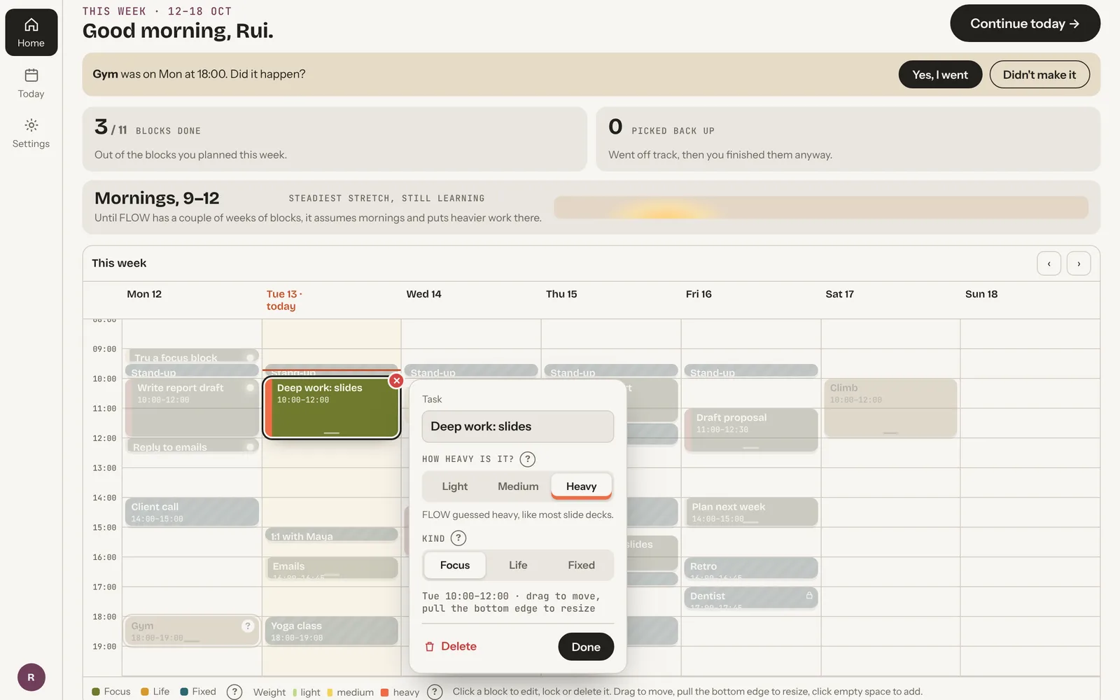 A selected focus block with its editor open: name, weight, kind and a delete button