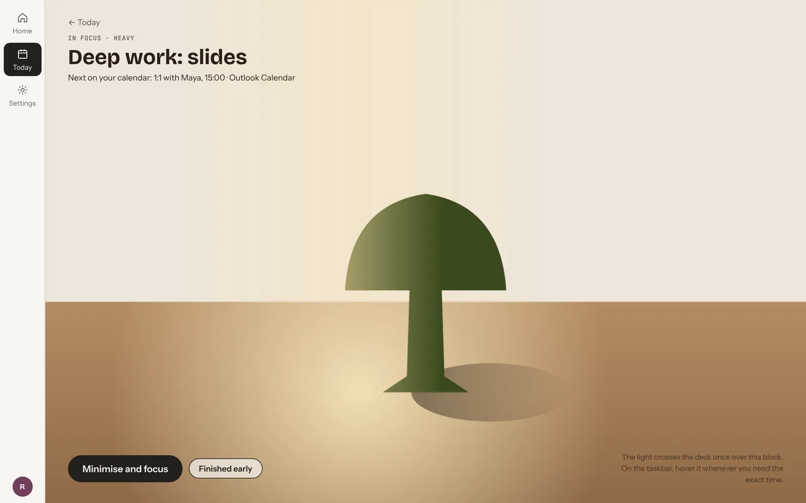 FLOW's focus page for one task: a small mushroom-shaped tree on a wooden desk, lit from one side by a beam of light, with buttons to minimise or finish early