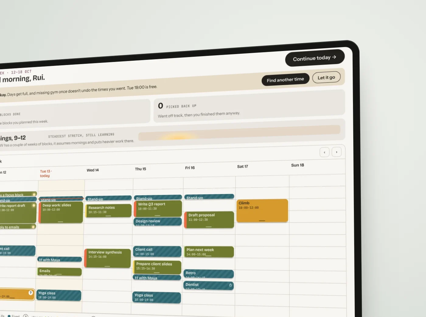 FLOW's week plan on a screen, seen at an angle