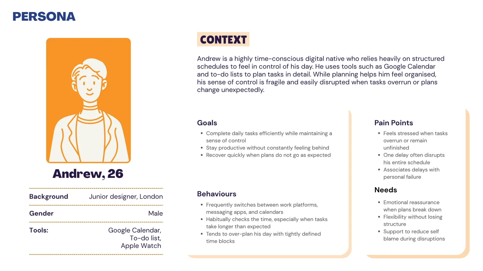 Persona: Andrew, 26, junior designer in London. Goals, behaviours, pain points and needs around fragile control when plans overrun