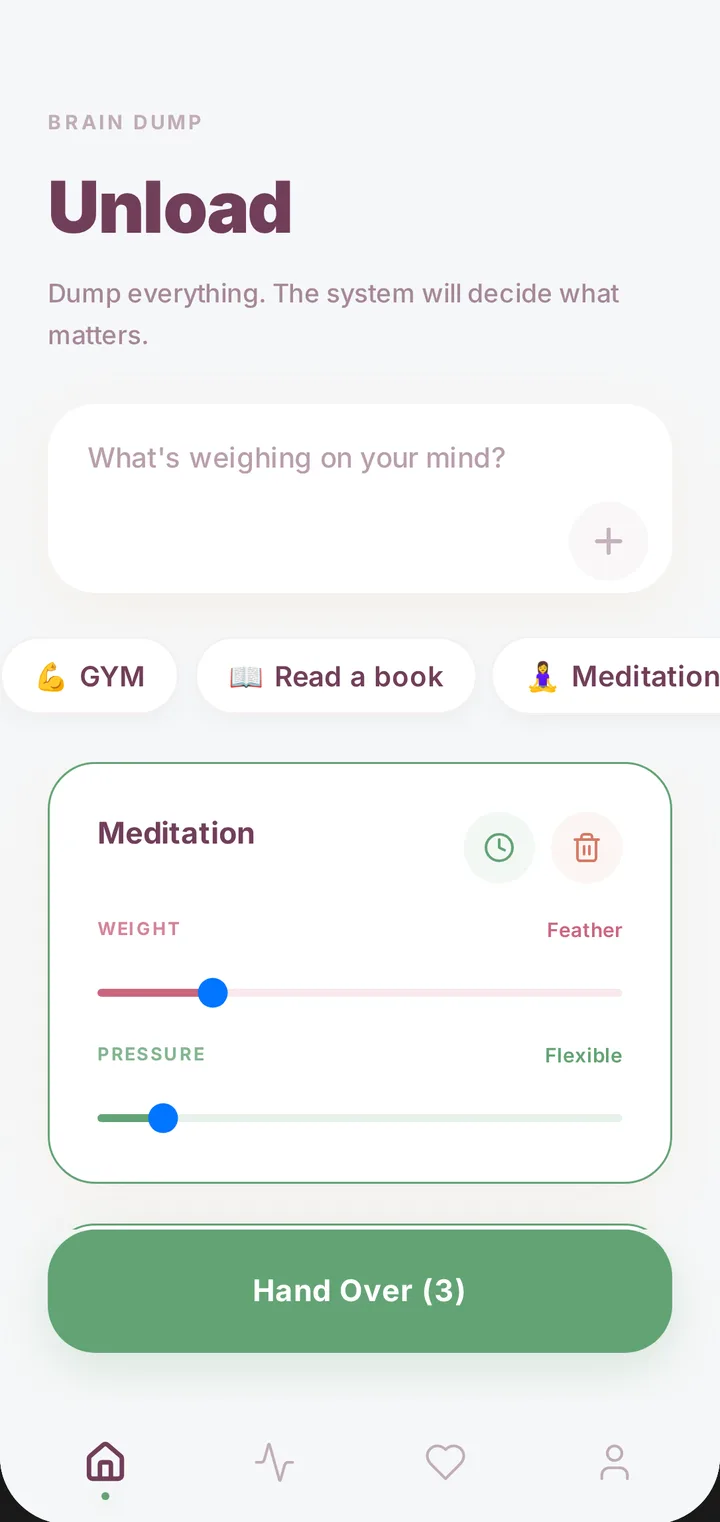 Unload screen with a task card and weight and pressure sliders