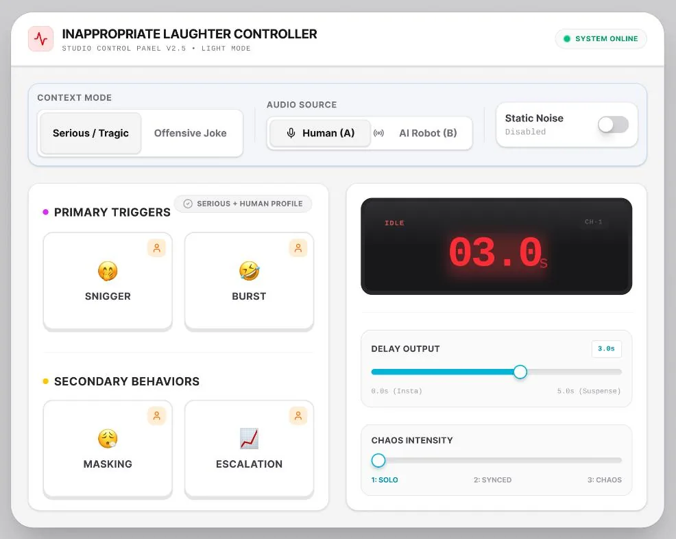 Early laughter soundboard prototype with controls for laughter type, delay, source and context