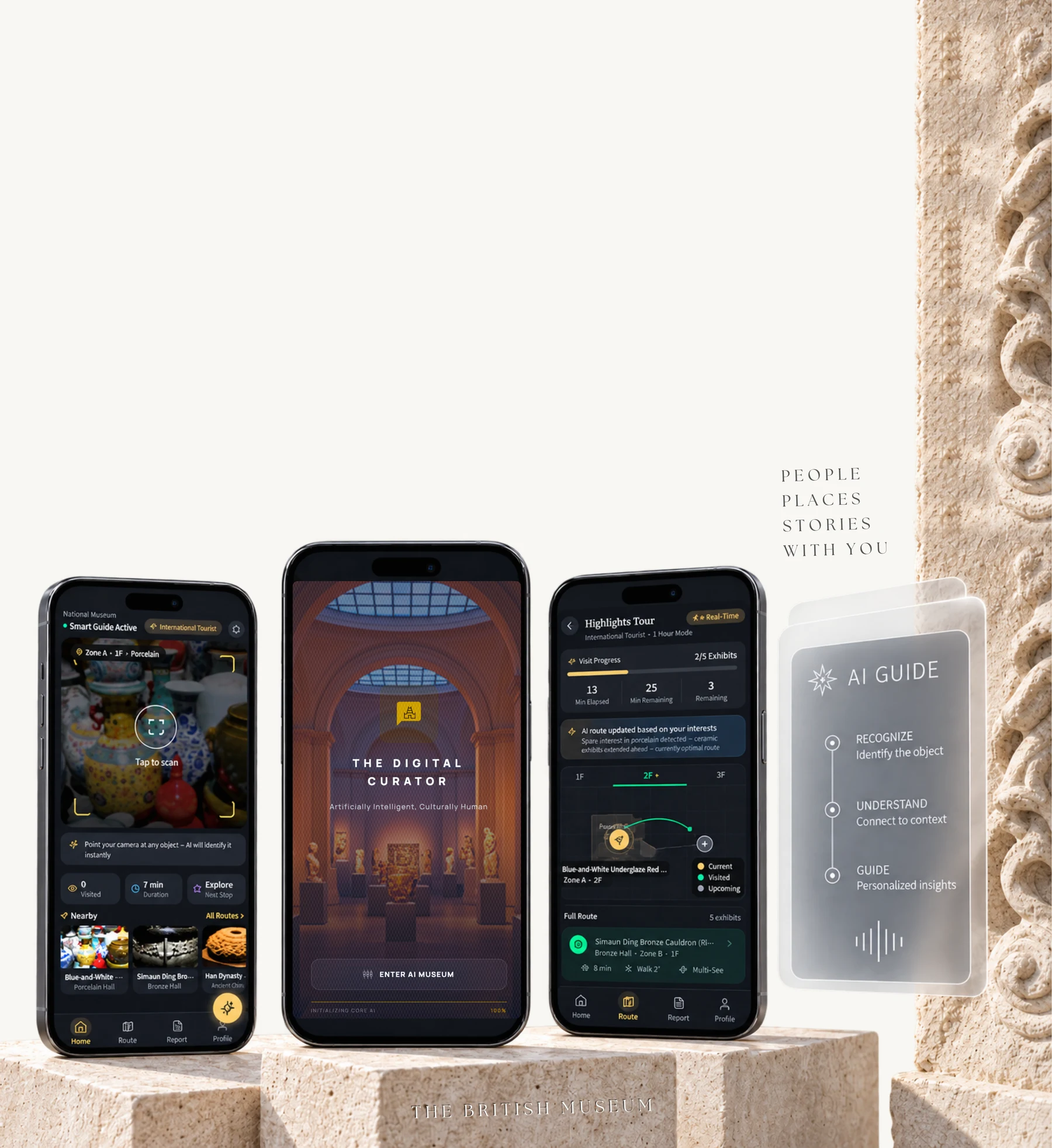 Three MuseAI screens on stone plinths with an AI guide card: recognise, understand, guide