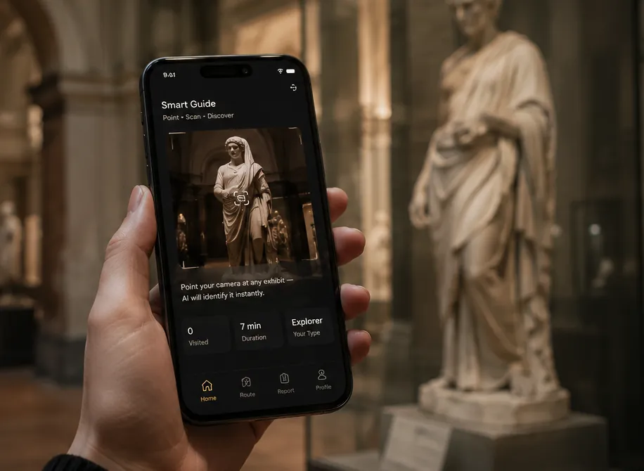 A visitor holding the MuseAI guide up to a statue in the museum