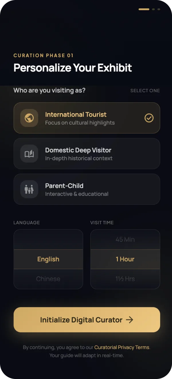 Onboarding screen with language and interest choices