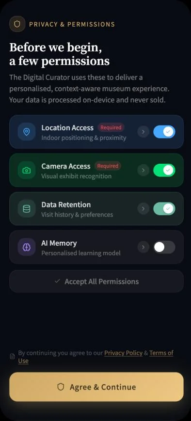 Privacy and permissions screen