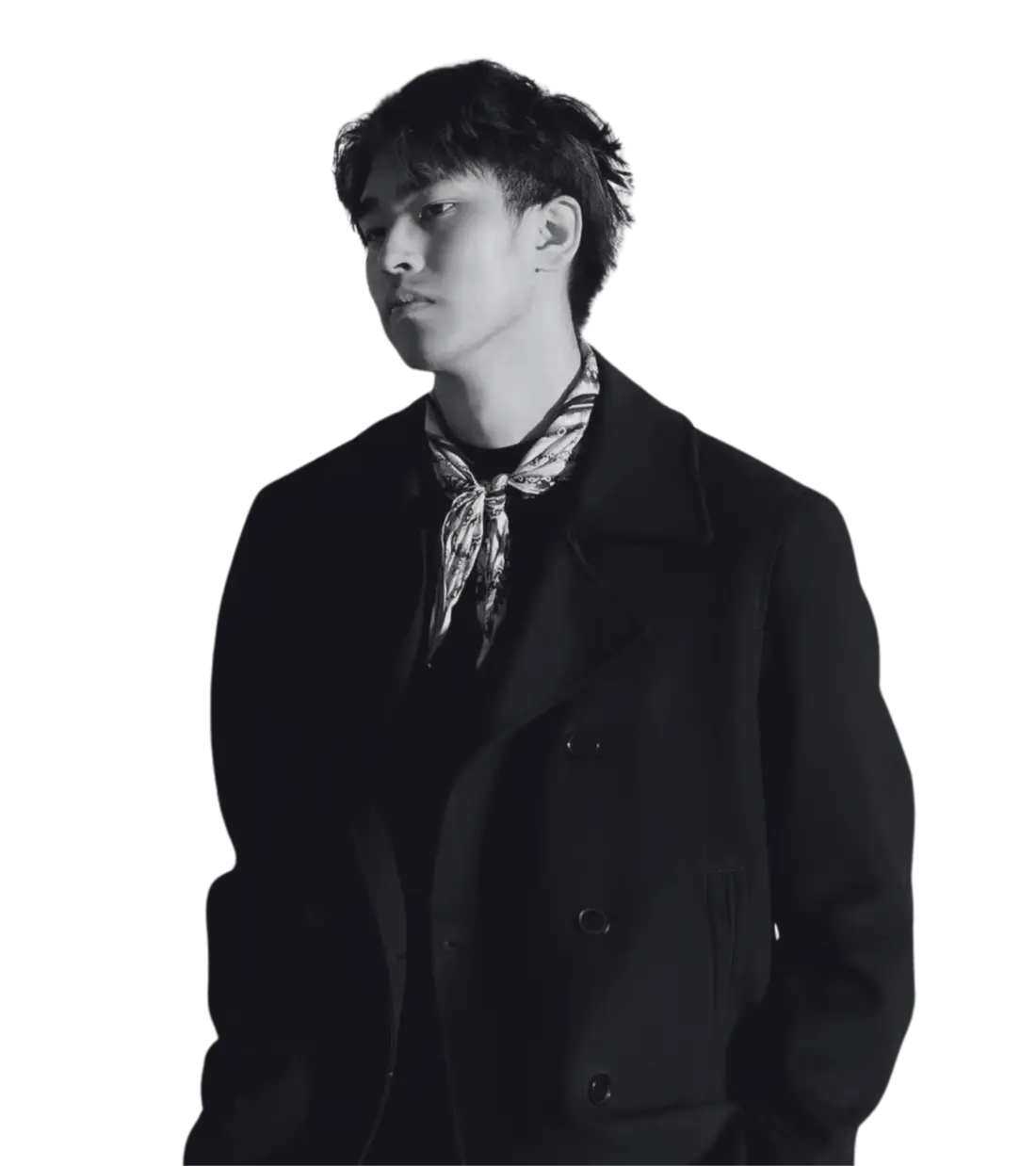 Portrait of Rui Yang in a black coat and silk scarf