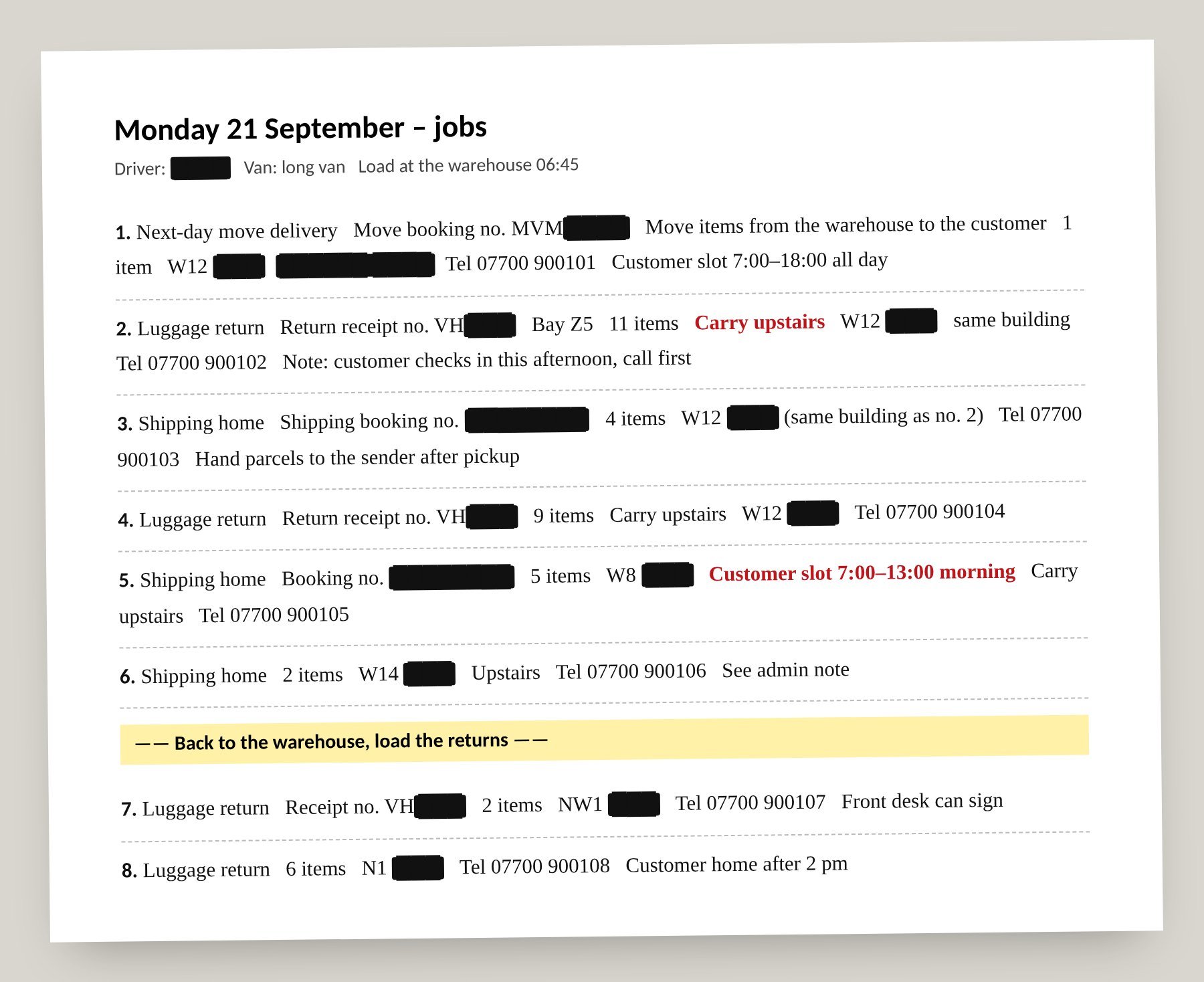 The boss's sheet: a document listing eight orders as dense text, with job type, booking number, item count, stairs, postcode, phone, time limits and notes, and a highlighted line marking the return to the warehouse.
