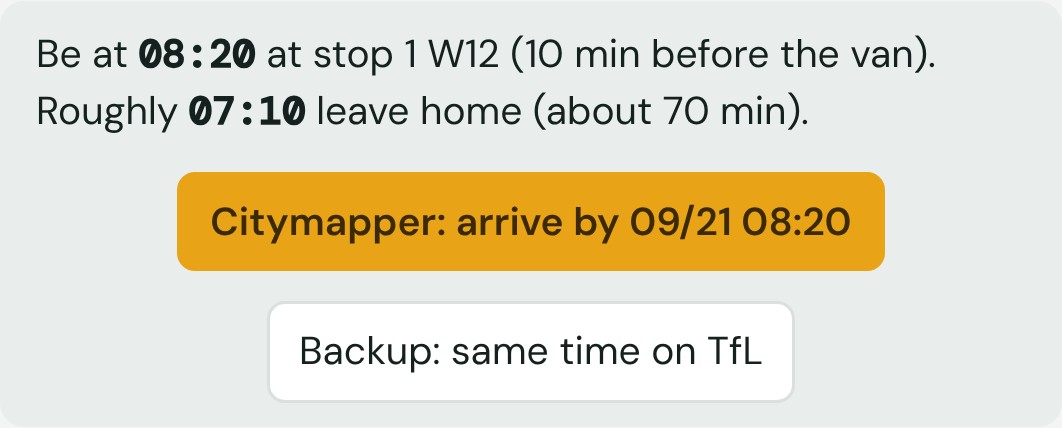 The app's morning card: be at stop 1 in W12 at 08:20, 10 minutes before the van, roughly 07:10 leave home, with buttons for Citymapper and a TfL backup.