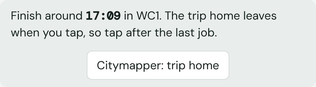 The app's evening card: finish around 17:09 in WC1, with a button for the trip home in Citymapper.