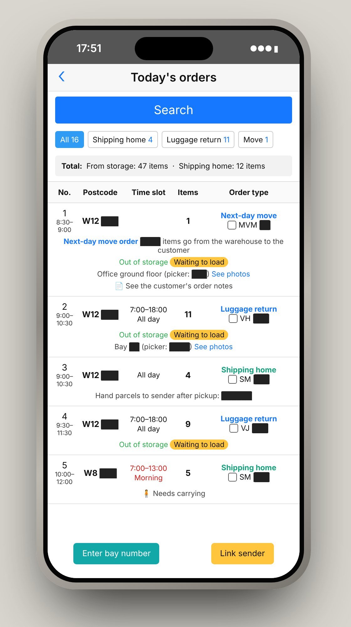 The company's driver app on a phone: Today's orders as a table with postcode, the customer's time slot, items, order type, loading status and notes.