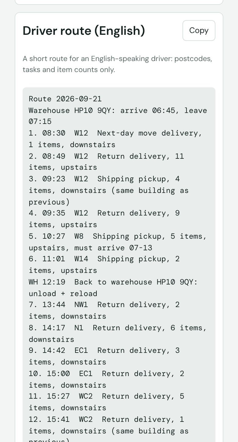 Phone screen: the driver route in English, listing the warehouse time and each stop's time, postcode district, task and item count.