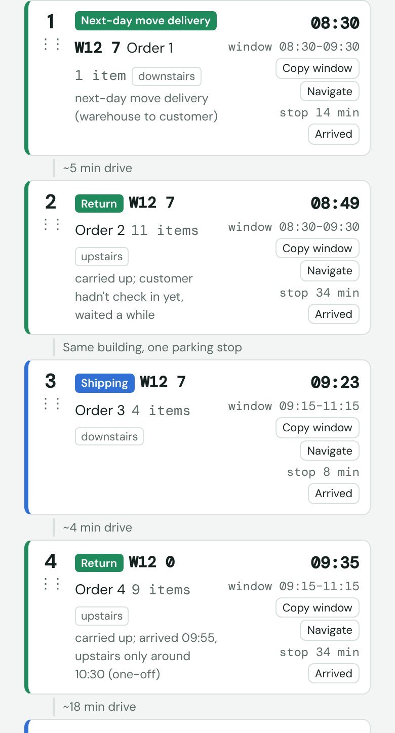 Phone screen: the suggested order, each stop with its time, the customer's window, a Copy window button and the drive to the next stop.
