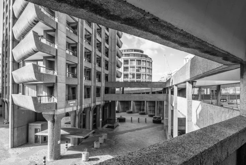 Black and white photo of the Barbican Estate's concrete walkways