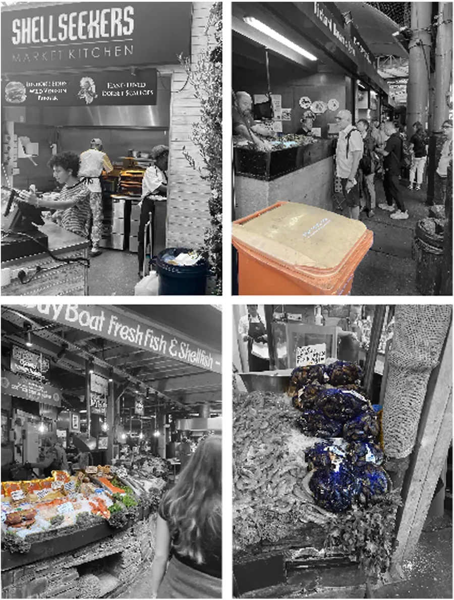 Black and white photos of seafood stalls and bins at Borough Market