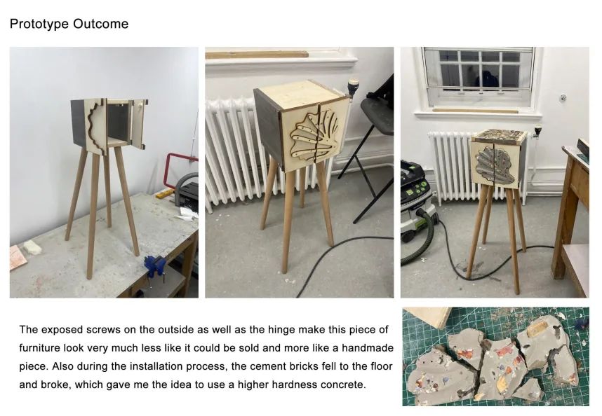 Plywood prototype cabinet from three angles, and a concrete tile broken into pieces