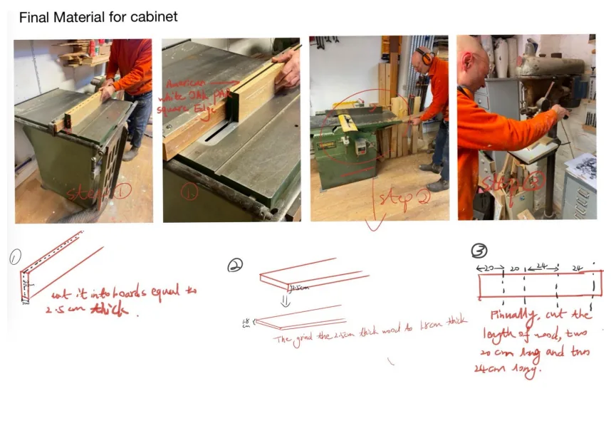 Cutting and planing oak boards in the workshop, with hand-drawn cutting steps