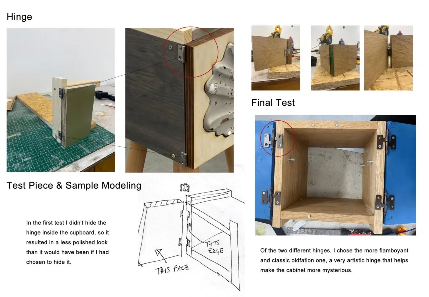 Hinge tests on oak sample pieces and the final hinge fitted inside the cabinet