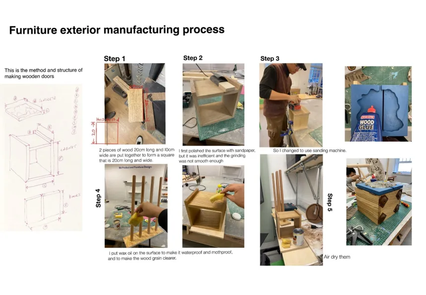 Step-by-step photos of gluing, sanding and wax-oiling the cabinet