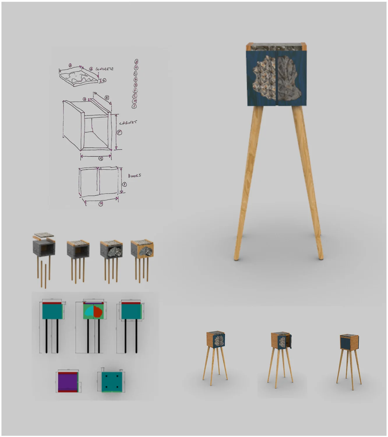 3D render of the cabinet on tall legs, with dimension drawings and colour studies