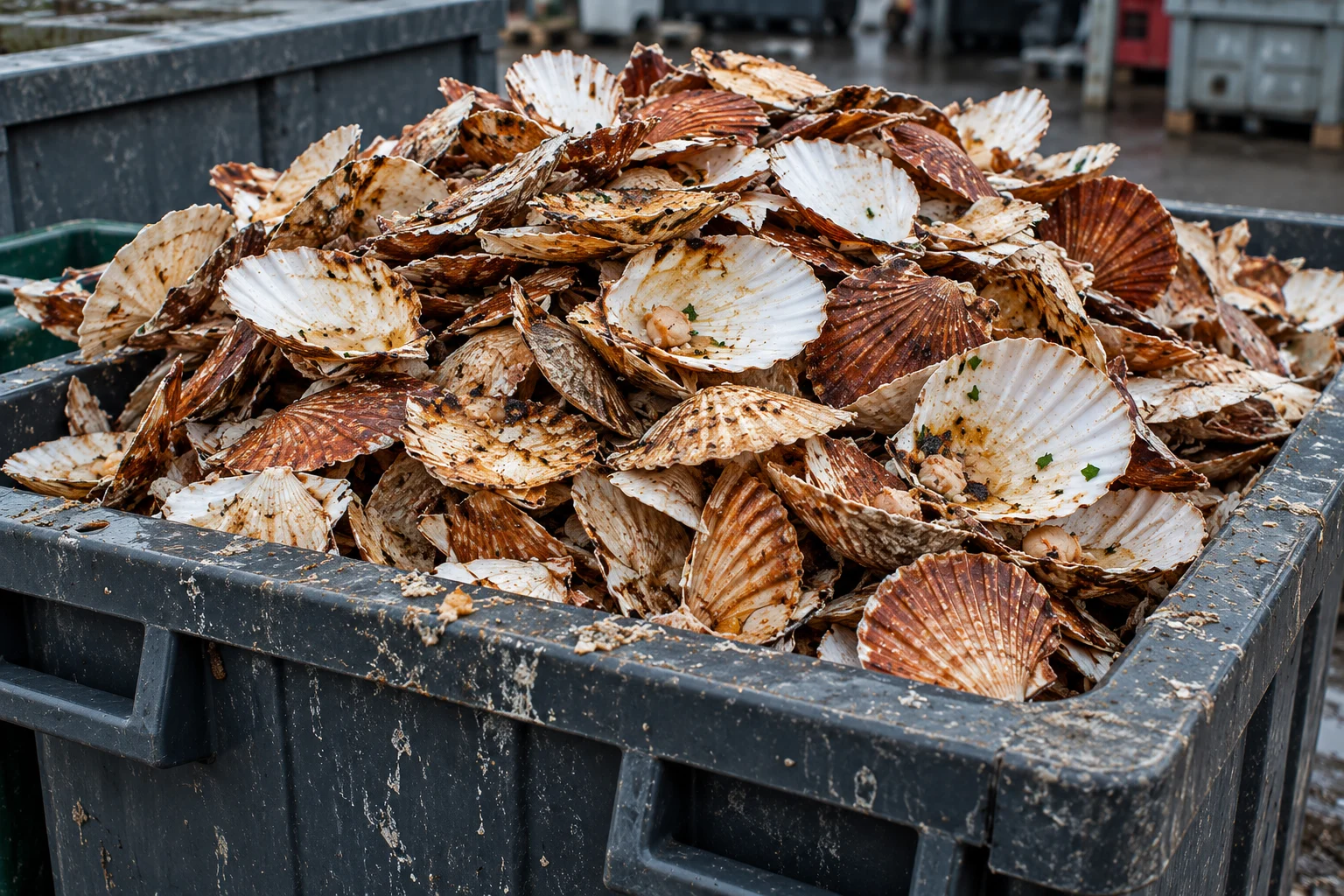 A bin heaped with discarded scallop shells