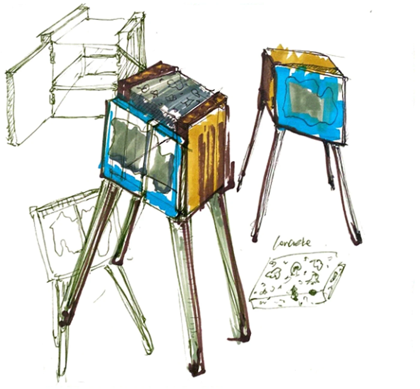Marker sketch of the cabinet with blue doors holding concrete panels, tall splayed legs, and a concrete tile study