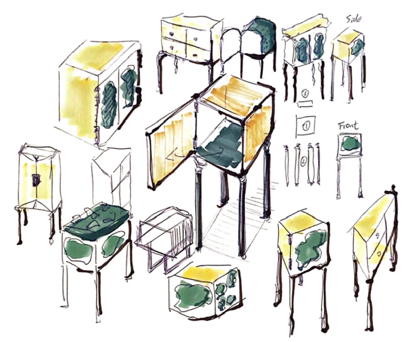 Ink and marker sketches of cabinet variations with shell panels