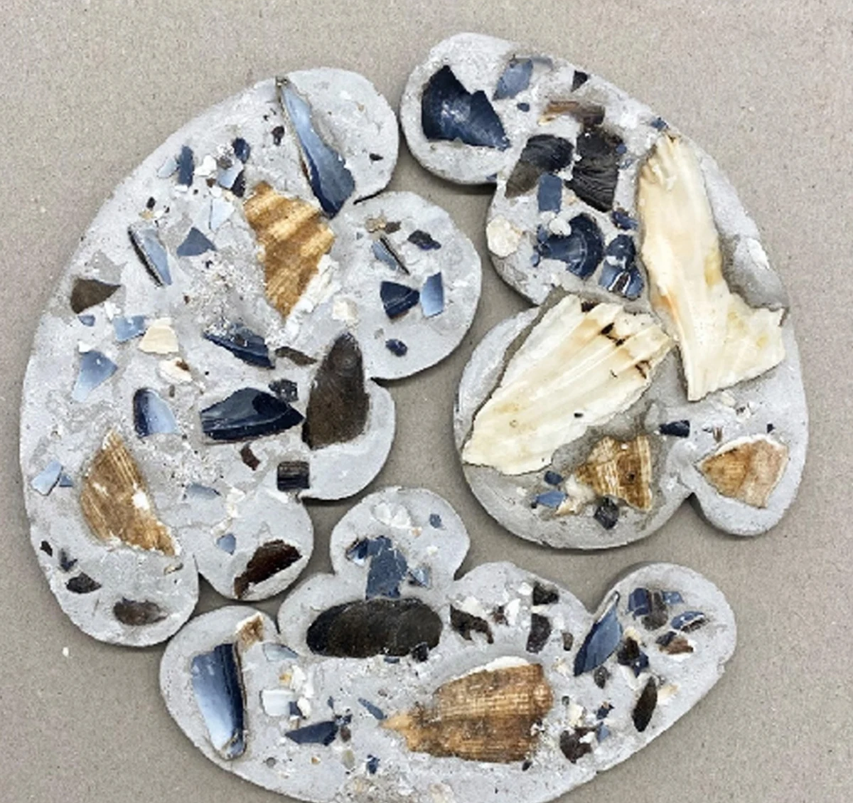 Concrete test tiles set with blue mussel and pale scallop shell fragments