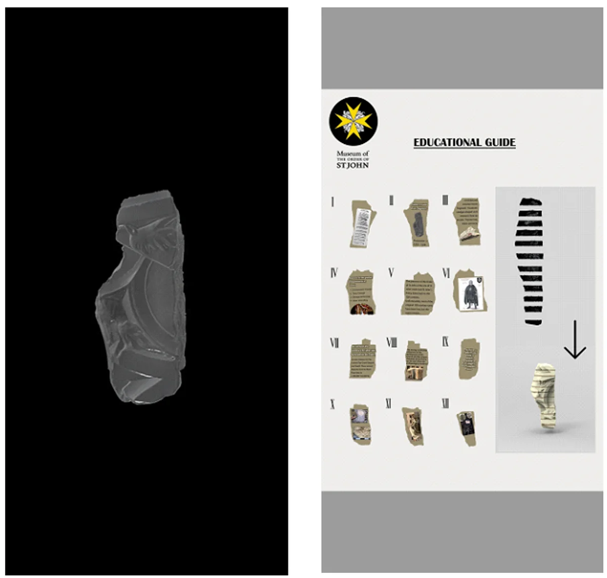 Guide sheet front, a black liner shaped like the stone, and back, the educational guide