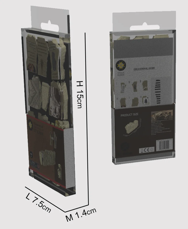 The hanging retail pack, front and back, 15 cm high, 7.5 cm wide and 1.4 cm deep