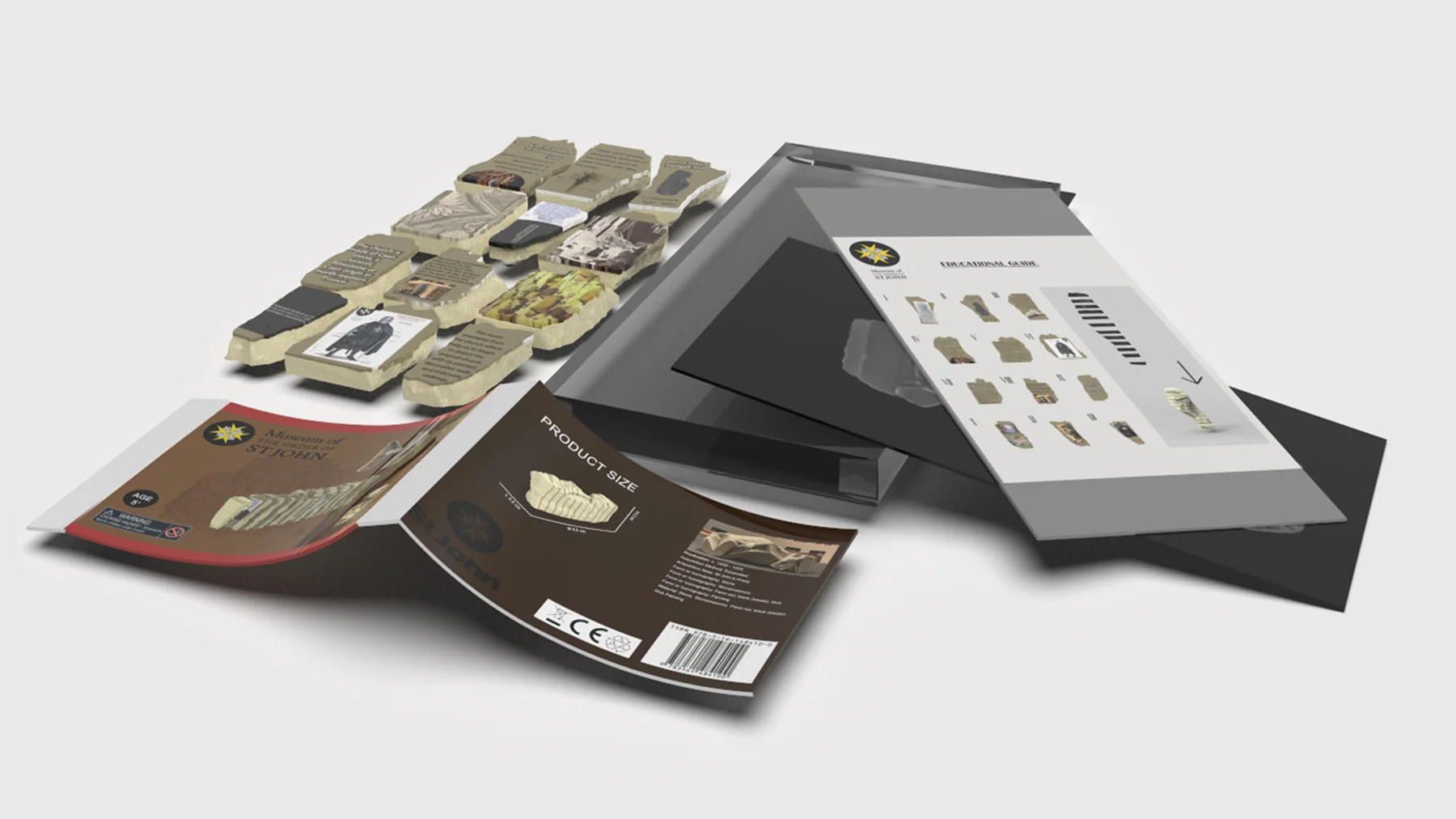 The kit laid out: printed slices, sleeve and box with the guide sheet