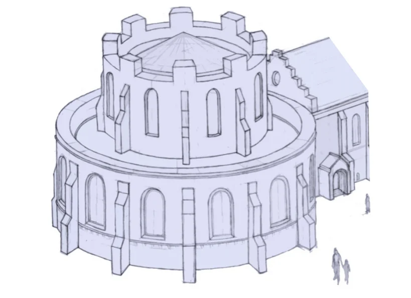Line drawing reconstructing the round priory church