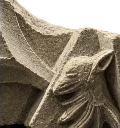 Close-up of the carving: the creature's head, ear and feathered body on pitted stone