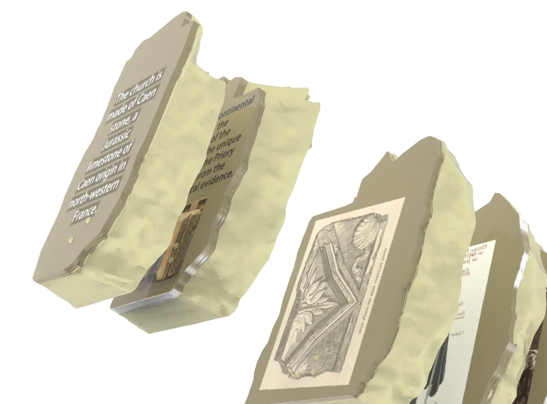 Close-up render of slices: one printed with text about the Caen stone, one with an engraving of the carved arch