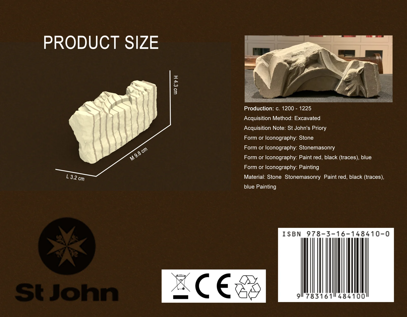 Packaging back: product size 9.8 × 3.2 × 4.3 cm, a photo and record of the real fragment, CE marks and barcode