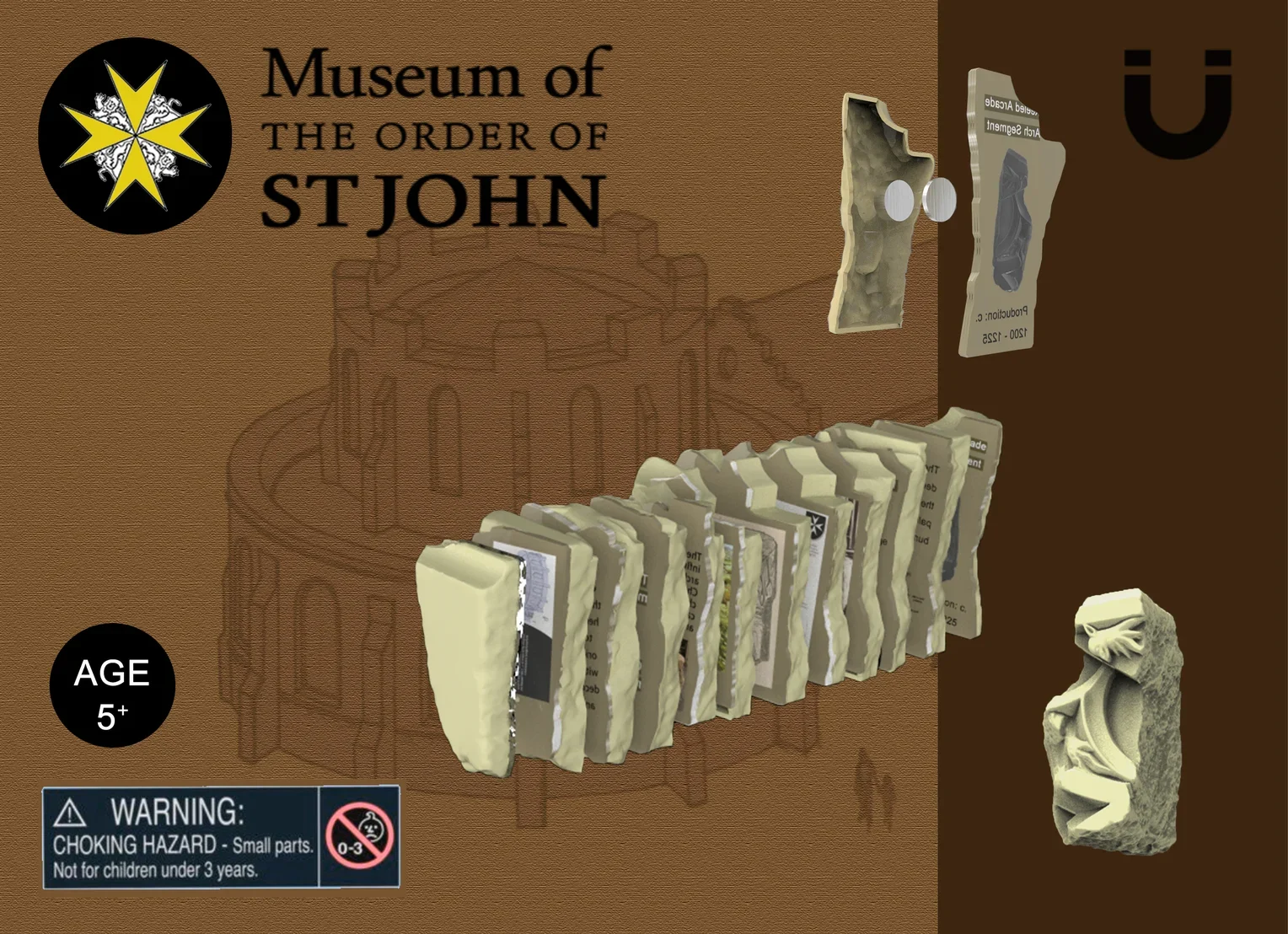 Packaging front: museum logo, the slices over a drawing of the round church, a magnet symbol, age 5+ and a choking hazard warning