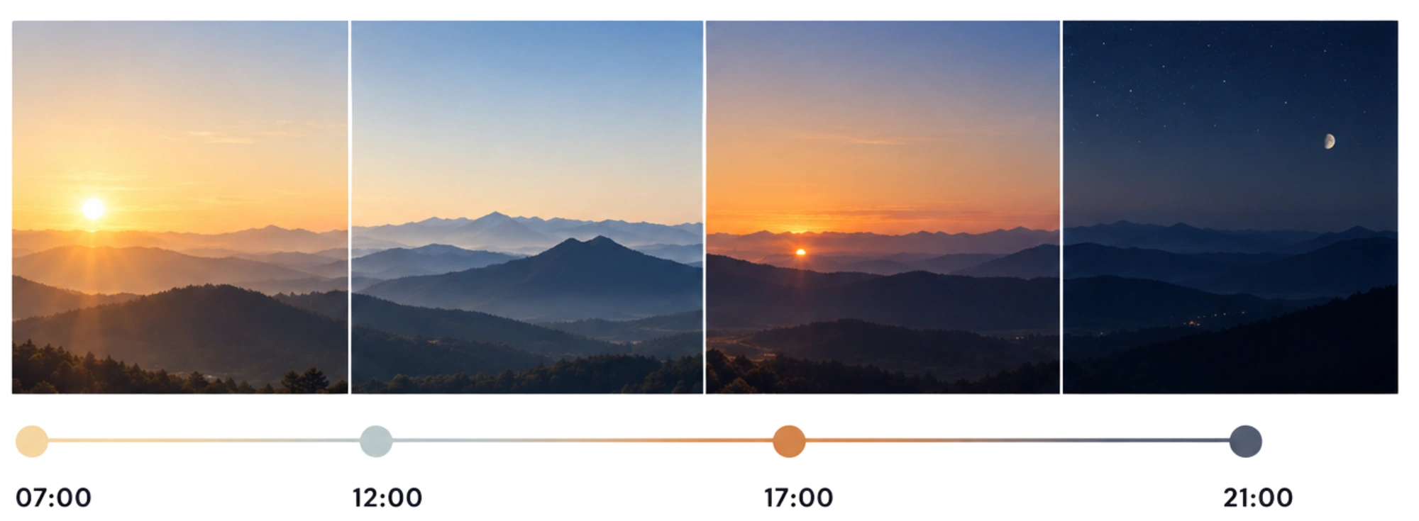 Daylight inspiration from morning through midday and sunset to night