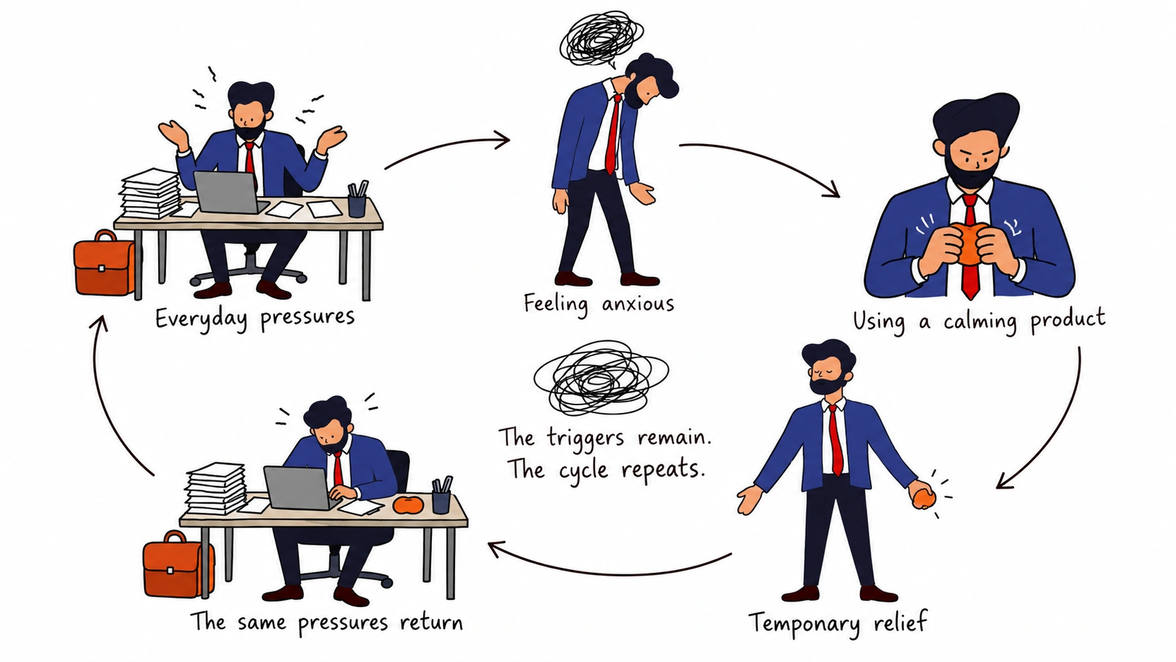 Illustrated design hypothesis: everyday pressure, feeling anxious, using a calming object, temporary relief, and returning to the task