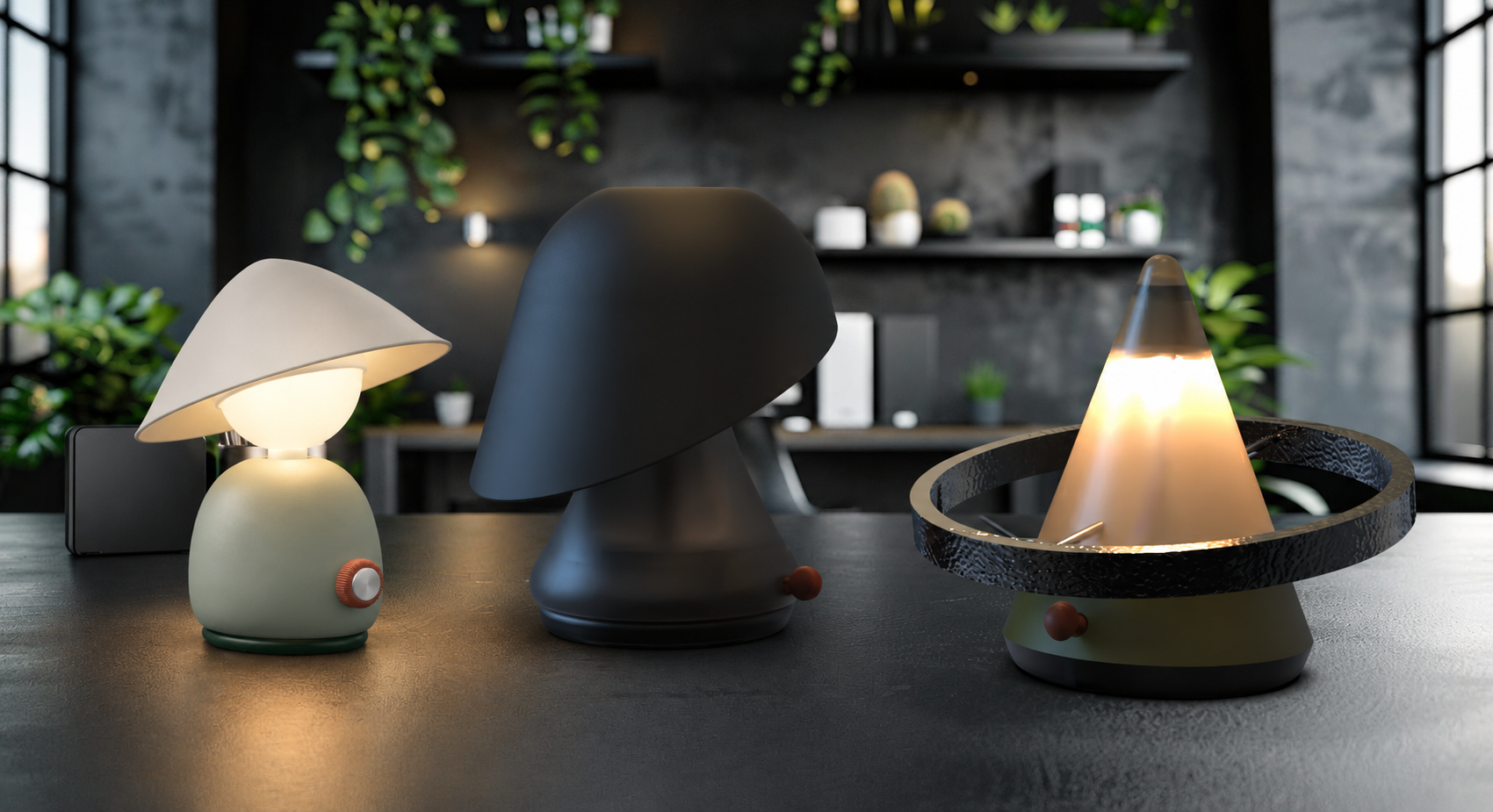 Sway glowing at the left of Mori and Halo on a dark desk